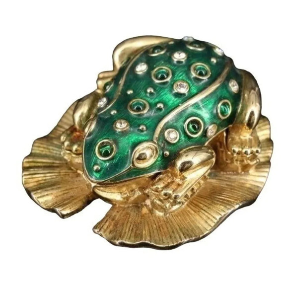 Vintage Kenneth Jay Lane Critter Series Frog Prince Brooch & Trinket Box - Picture 1 of 8